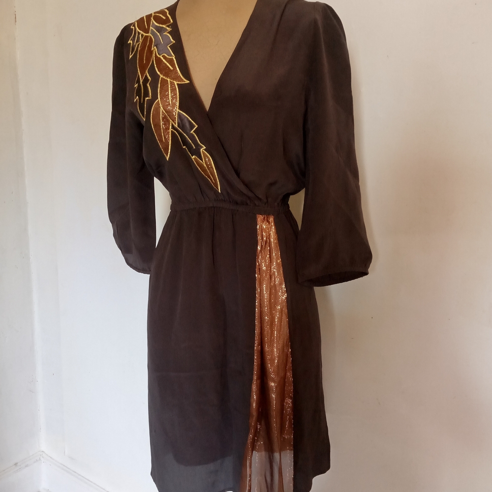 Aryn K Brown Dress with Gold Leaf Detail